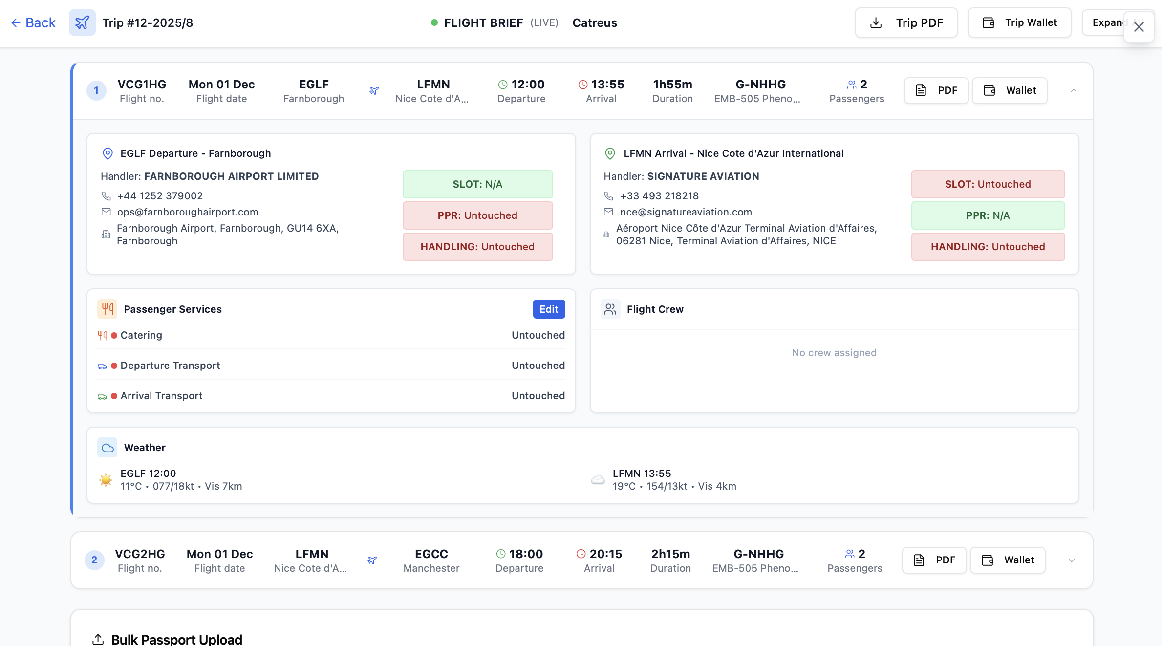 PAXP Trip Management Interface - Real flight brief showing live updates, PDF/Wallet downloads, and detailed airport handling information